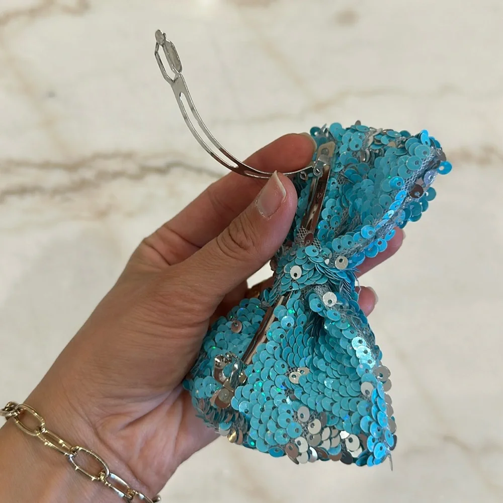 Tiffany blue sequin bow hair clip